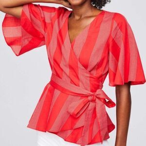 LOFT Petite Red Cotton Striped Wrap Top Sz  LP